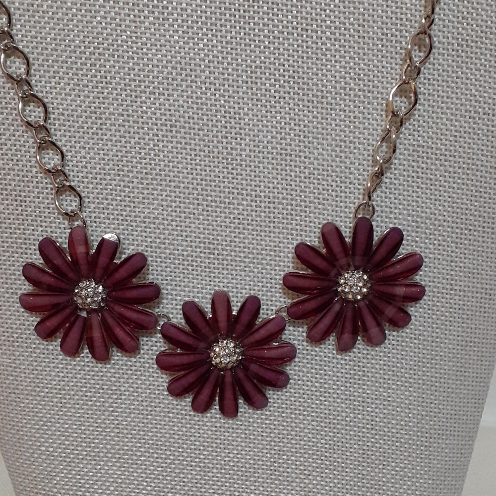 Christopher & Banks Plum Daisy Necklace with Rhinestone Centers - Picture 2 of 5